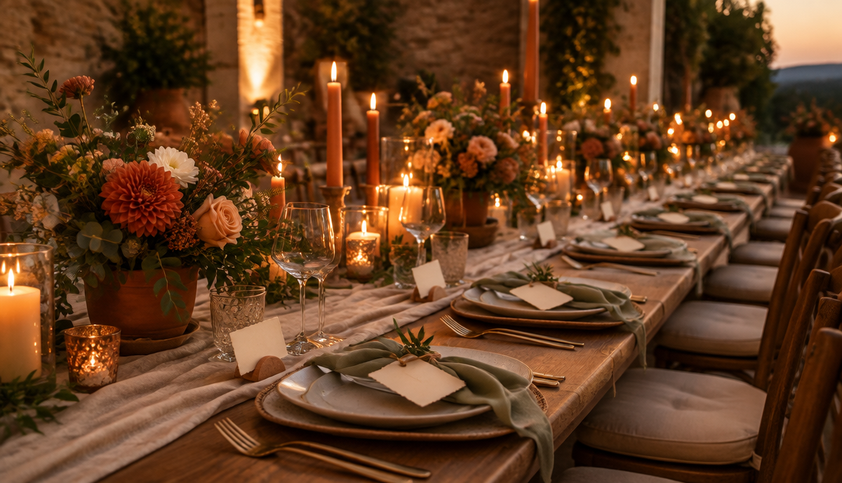 Festlich eingedeckte Hochzeitstafel mit Platzkarten und Blumenschmuck